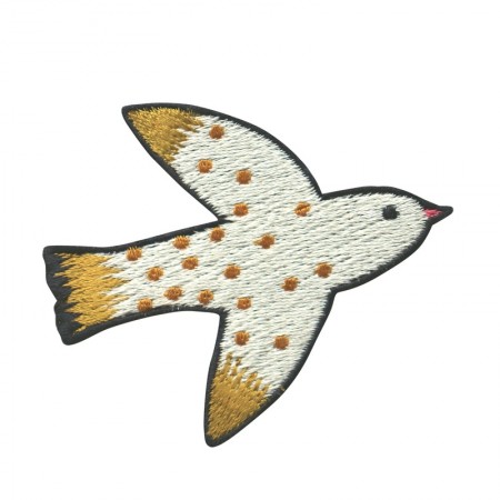 Embroidered iron-on patch with ecru bird pattern