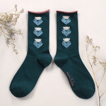Jacquard socks with Green tulipe Pattern