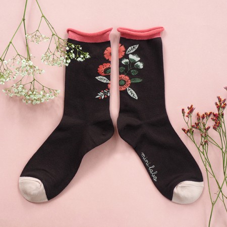 Jacquard socks with Brown Folk Bouquet Pattern