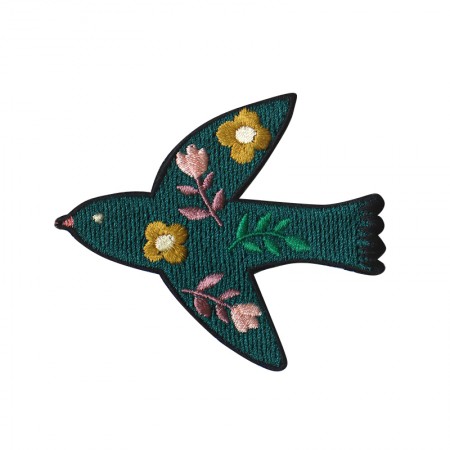Embroidered iron-on patch with Emerald floral Bird pattern