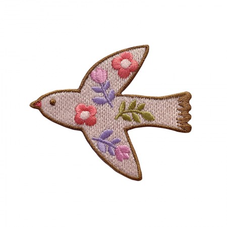 Embroidered iron-on patch with Pink floral Bird pattern